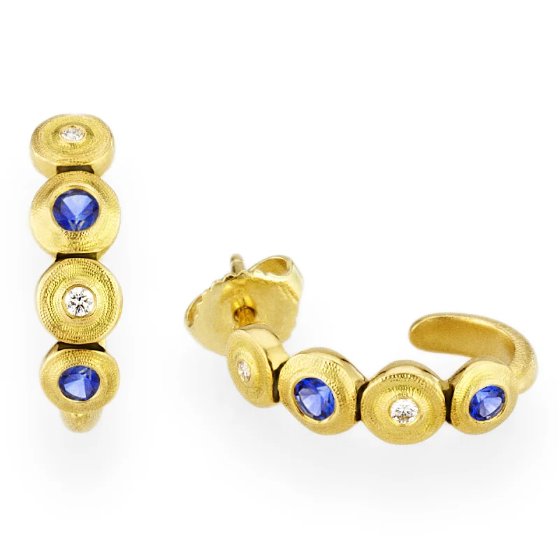 women’s luxury earrings-Gold Diamond Sapphire Four Seed Small Hoop Earrings