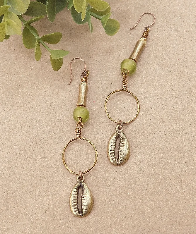 women’s oval earrings-Lime Green Padre Bead and Cowrie Shell Charm Hoop Earrings