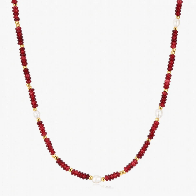 women’s layered necklaces-Red Garnet Beads + Pearls Necklace