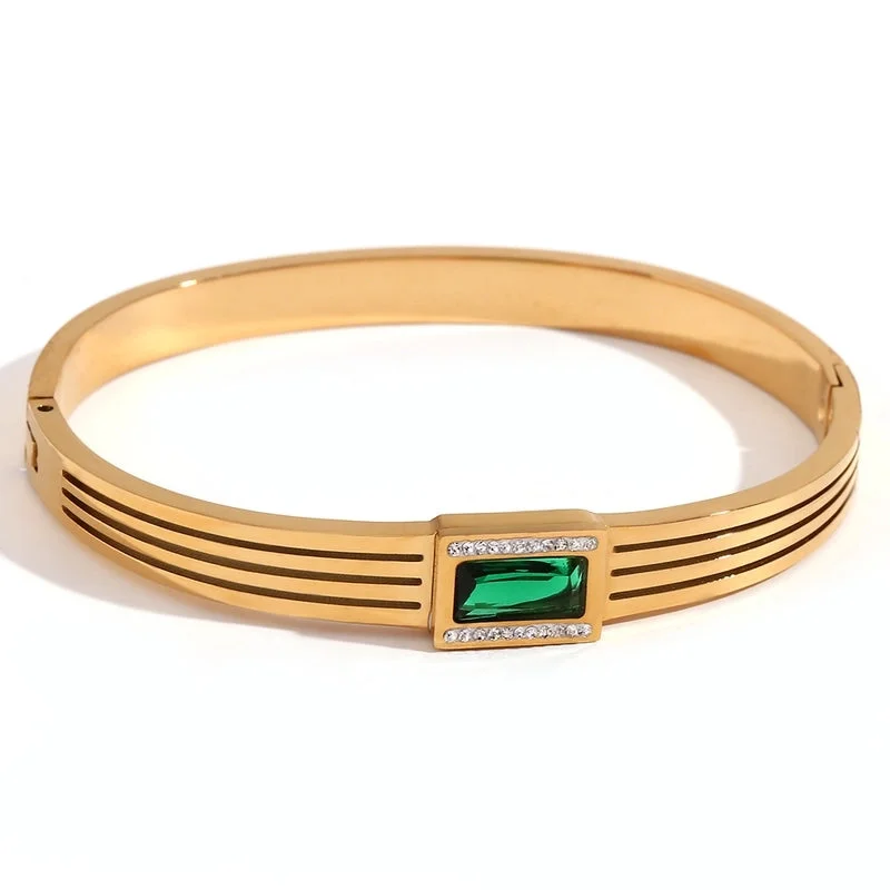 Multi-Layer Hollow Line Rectangular Green Zirconium Buckle Bracelet on Both Sides-Gold