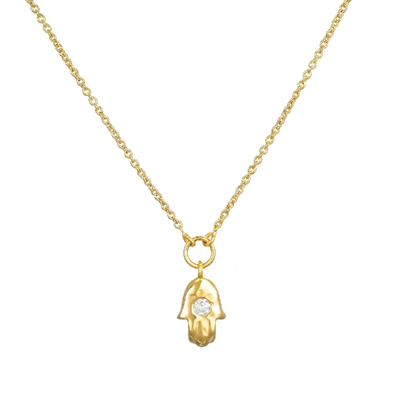 women’s elegant necklaces-Mini Hamsa Diamond 14kt Gold Pendant Necklace