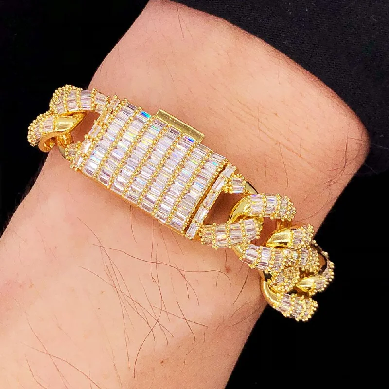 women’s bracelet sets-3D Baguette Cuban Link CZ Iced Out Hip Hop Bracelet