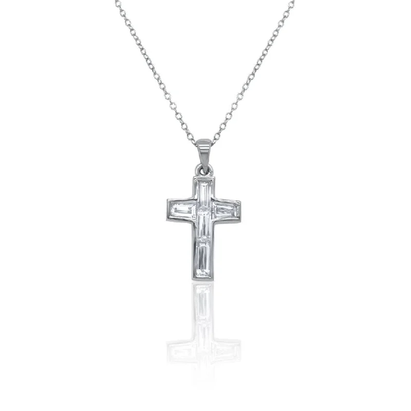 women’s long chain necklaces-14K White Gold 1.28 CT Baguette Diamond Cross Necklace