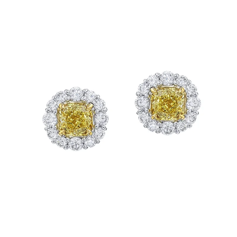 women’s colorful earrings-Fancy Yellow Radiant-cut and White Diamond Halo Stud Earrings