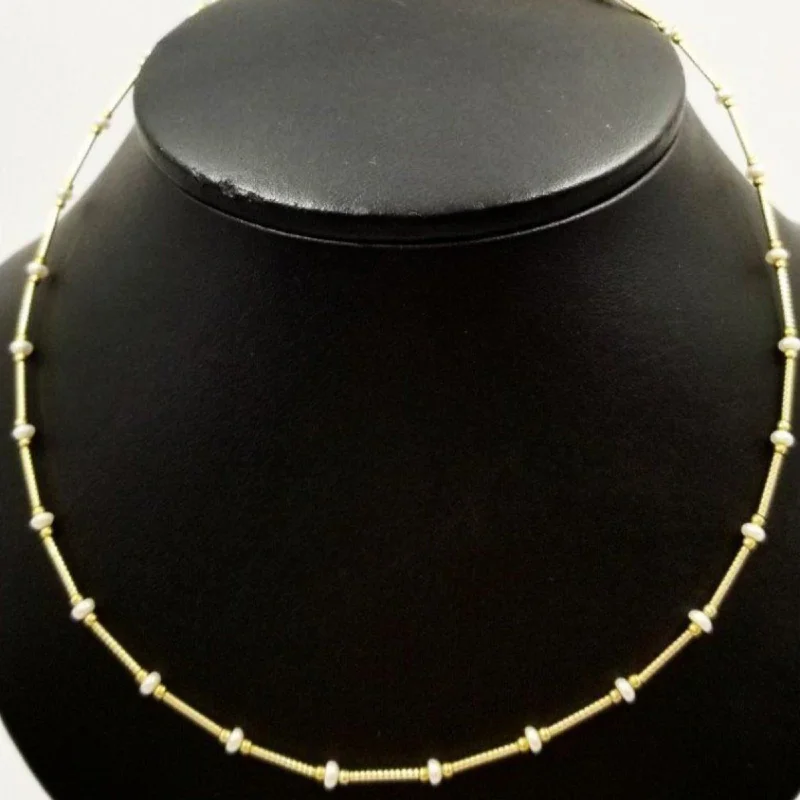 women’s rhinestone necklaces-Yellow Gold Tube Necklace with Pearl Beading