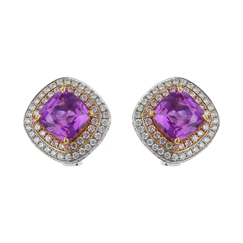 women’s handmade gemstone earrings-Cushion Cut Purple Sapphire and Diamond Halo Earrings