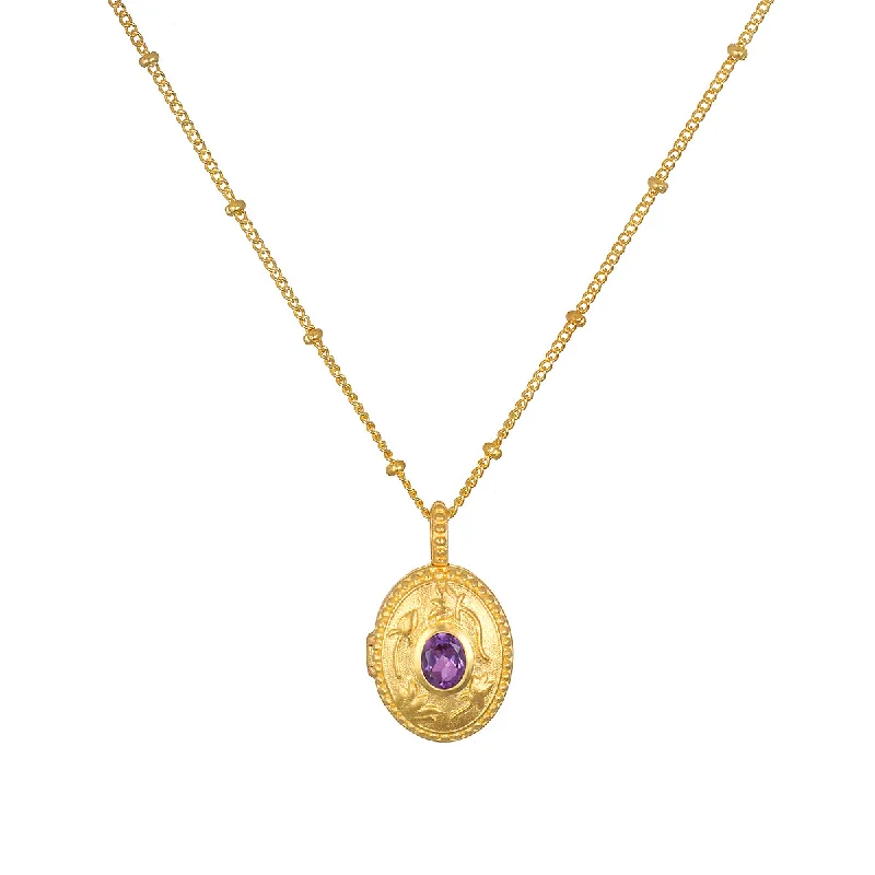 women’s chic pendant necklaces-Lotus Amethyst Birthstone Locket Necklace - February