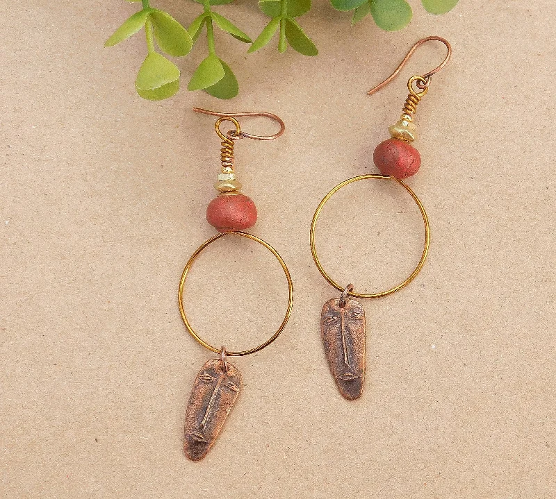 women’s chic earrings-Bohemian Hoop Earrings with Bronze Mask Charms