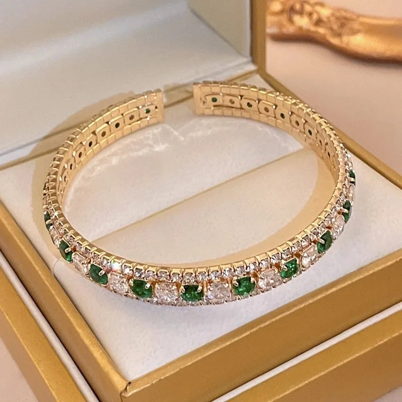 . 16 Open-Ended Bracelet-Silver Green Diamond-Square