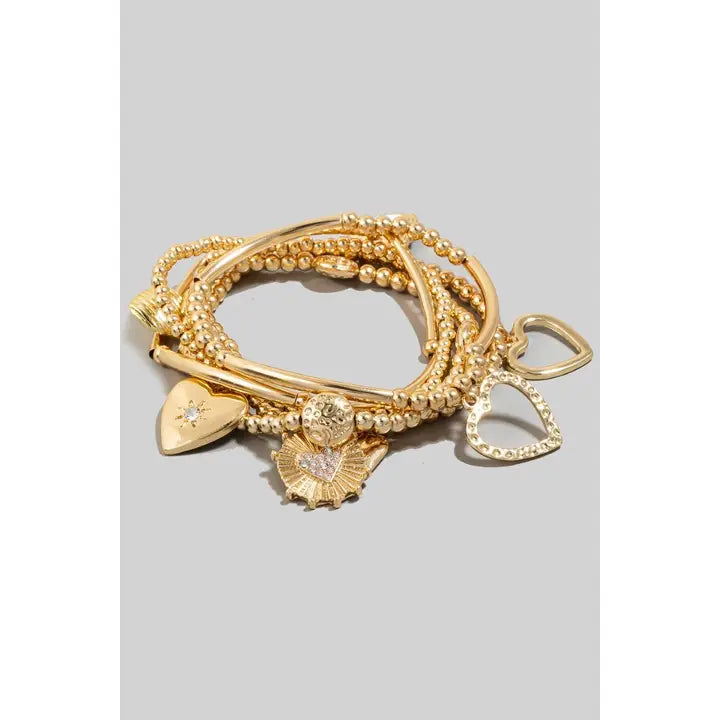 women’s gold cuff bangles-Intricate Heart Charms Layered Bracelet Set