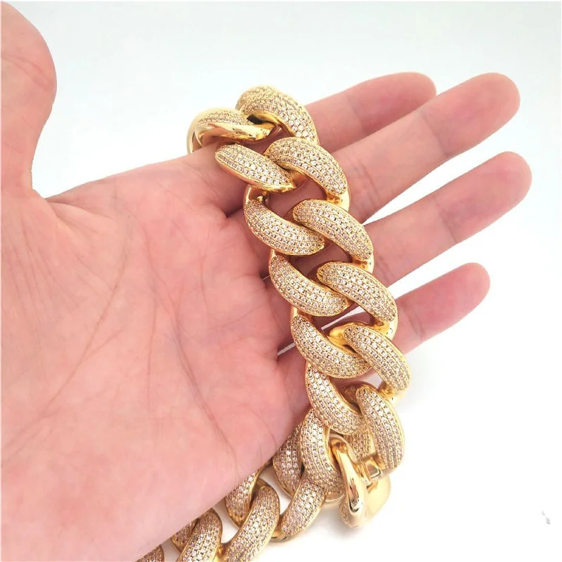 women’s layered bracelets-HUGE 24MM 3D Cuban Bling Bling Chain White/Yellow Gold