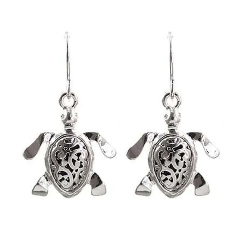 women’s bridal earrings-Silver Filigree Dangle Sea Turtle Earrings