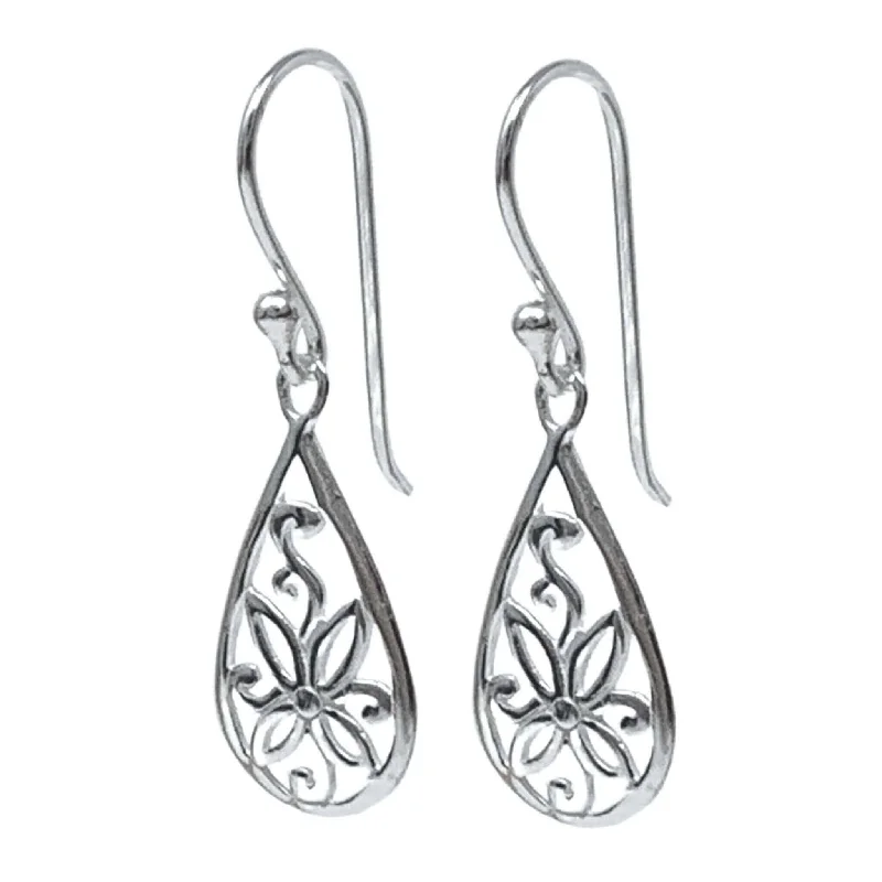 women’s heart-shaped gold earrings-Teardrop Flower Dangle Earrings In Sterling Silver