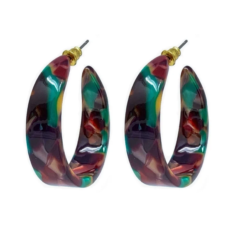 gold earrings for women-Red Green Tortoise Shell Resin Hoop Earrings