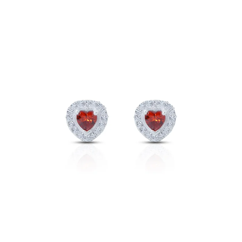 women’s drop earrings-Heart-Shaped Earrings With Red Gemstones And Smaller Surrounding Gems.