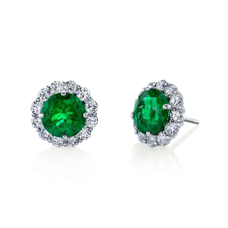 women’s fashion earrings-Emerald and Brilliant Diamond Halo Stud Earrings