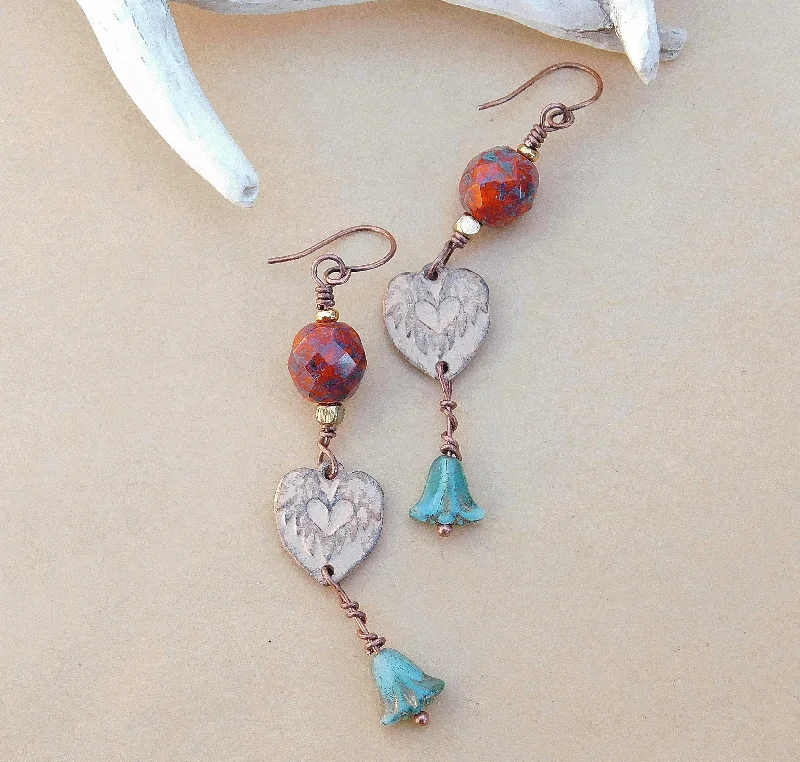 women’s creative earrings-Lovely Light Terracotta Enamel Heart Charmed Earrings