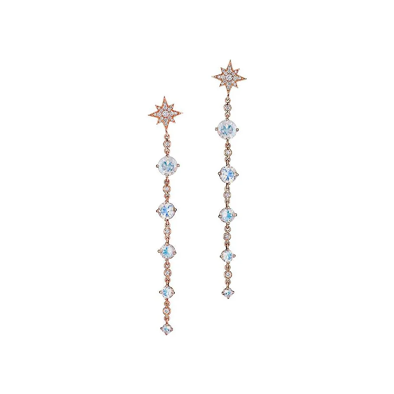 women’s ethnic earrings-Descending Starburst Moonstone Diamond Earrings