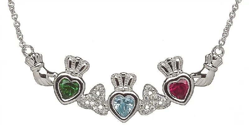 women’s anniversary pendant necklaces-Sterling Silver Mother & Family Claddagh & Trinity Birthstone Pendant Necklace LS-MP3-T