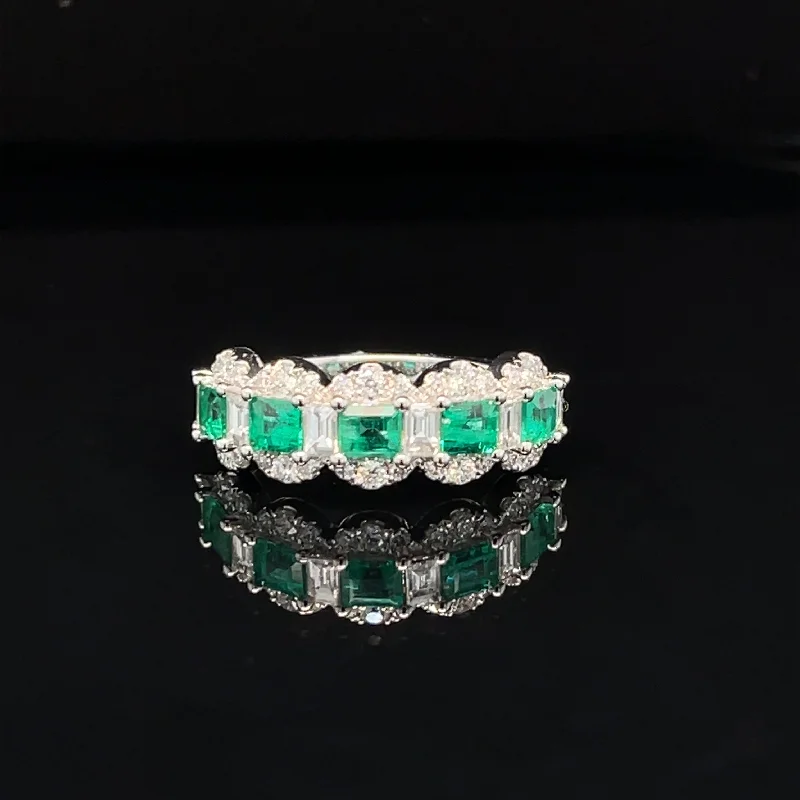 women’s matching engagement rings-Emerald & Diamond 1.68ctw Halo Lace Wedding Band in 18k White Gold - #424 - RGEME065649