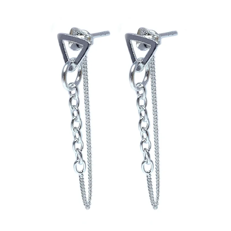 women’s statement earrings-Sterling Silver Chain And Triangle Stud Earrings