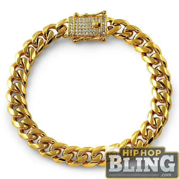 women’s luxury bracelets-CZ Diamond Lock Gold Steel Cuban Bracelet 10MM