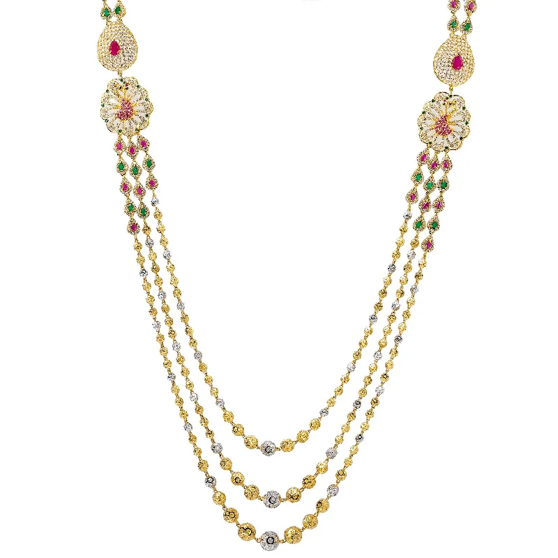 women’s fancy necklaces-22K Multi Tone Gold Layered Haaram Necklace W/ Rubies, Emeralds, CZ Gemstones & Ornate Side Pendants