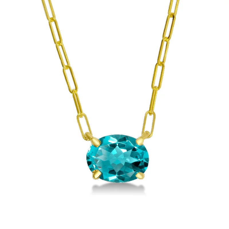 women’s choker necklaces-Oval Blue Topaz Paperclip Necklace in 14K Yellow Gold