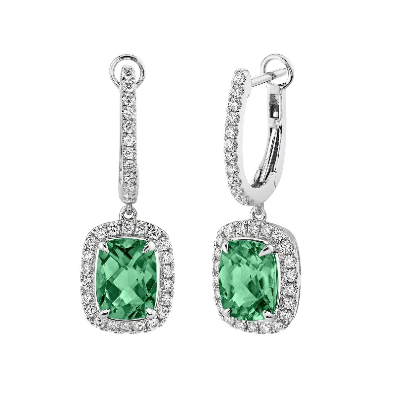 women’s bridal gold earrings-Green Tourmaline 14K Gold Huggie Earrings with Diamonds