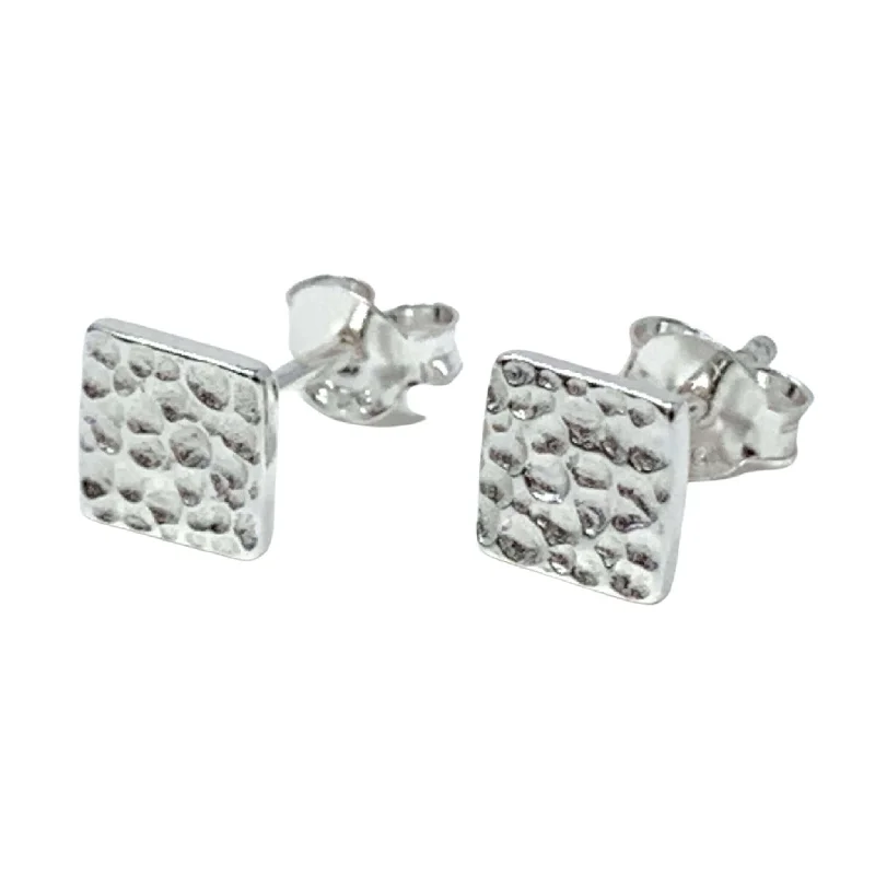 women’s adjustable earrings-Hammered Sterling Silver Square Stud Earrings