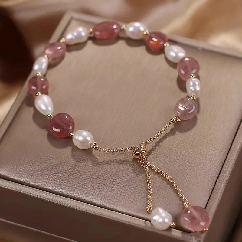 Pearl Strawberry Quartz Slide Fastener Bracelet