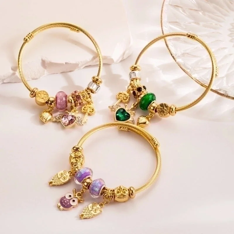 women’s gemstone bangles-Cute Romantic Heart Shape Owl Titanium Steel Plating Inlay Rhinestones Gold Plated Bangle