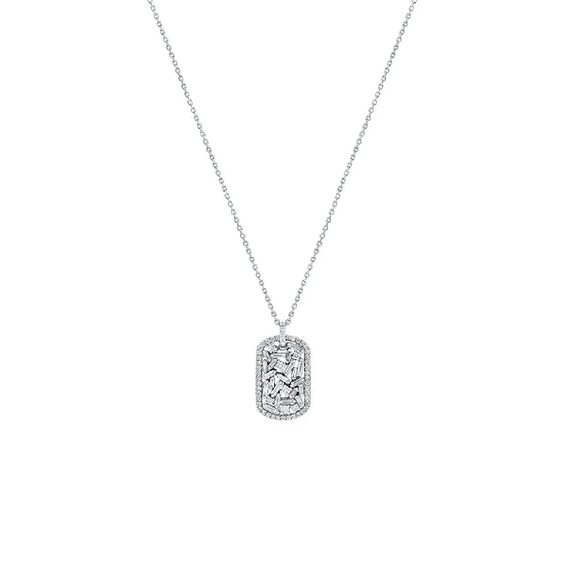 women’s sterling silver necklaces-18 Karat White Gold mini Dog Tag necklace with Baguette and Round diamonds