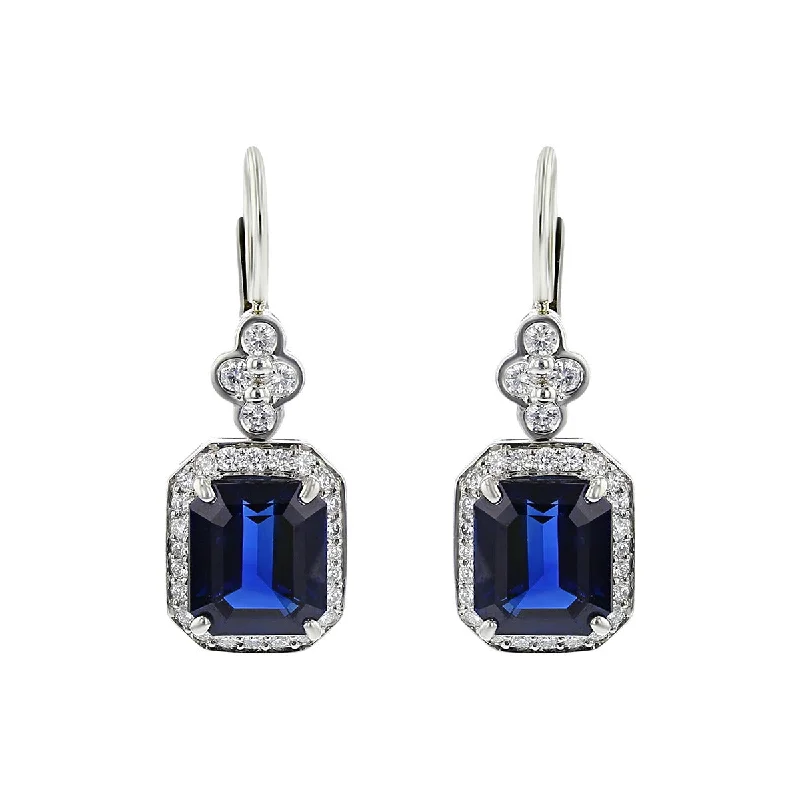 women’s engagement earrings-Emerald-cut Sapphire and Diamond Halo Lace Drop Earrings