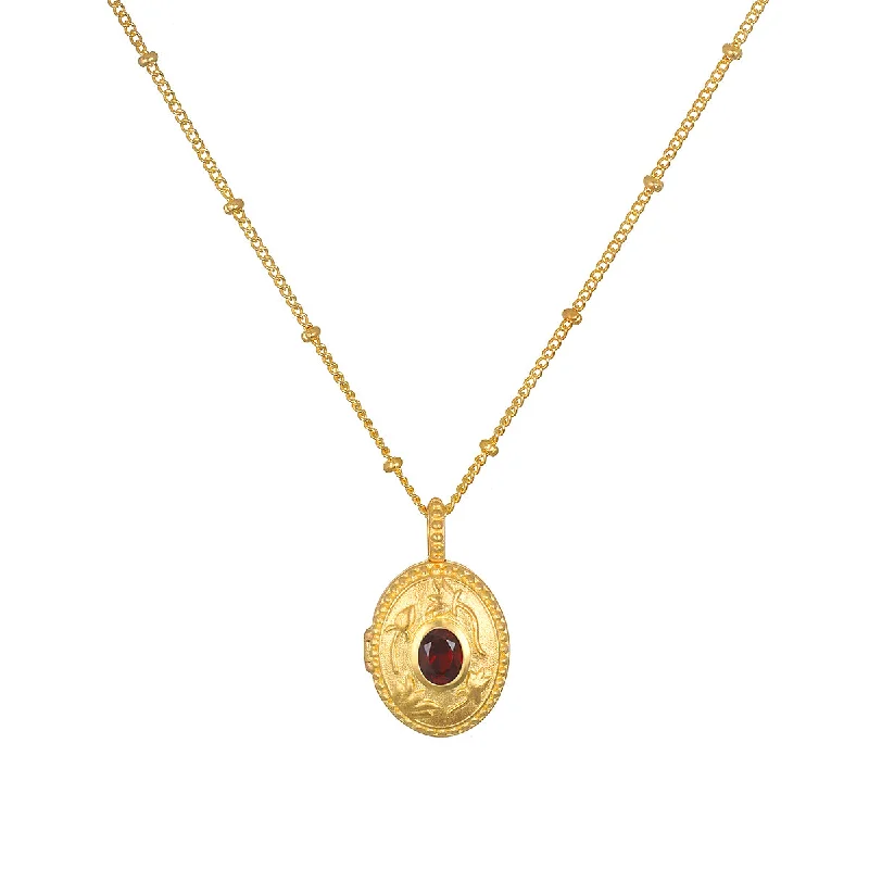 women’s elegant gold necklaces-Lotus Garnet Birthstone Locket Necklace - January