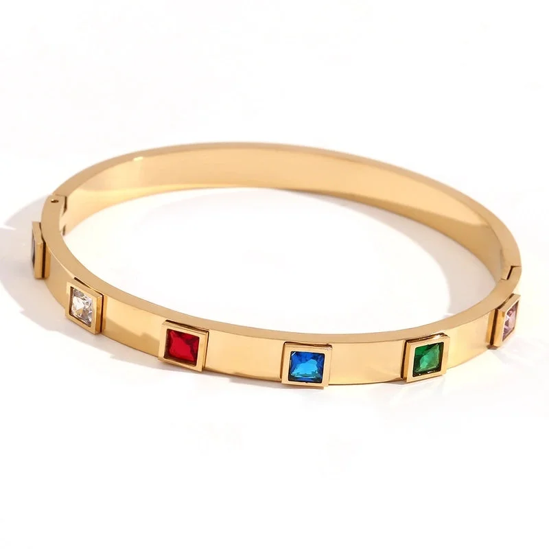 Six Square Zircon Closed Buckle Bracelet-Gold-Colorful