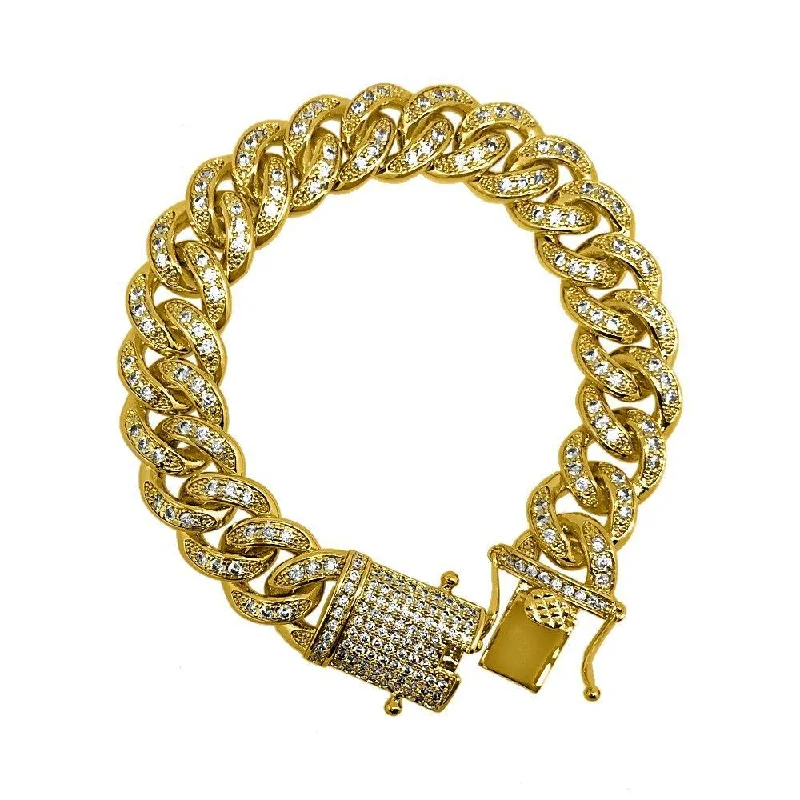 women’s silver charm bracelets-Gold 12MM Miami Cuban CZ Bling Ice Lock Bracelet