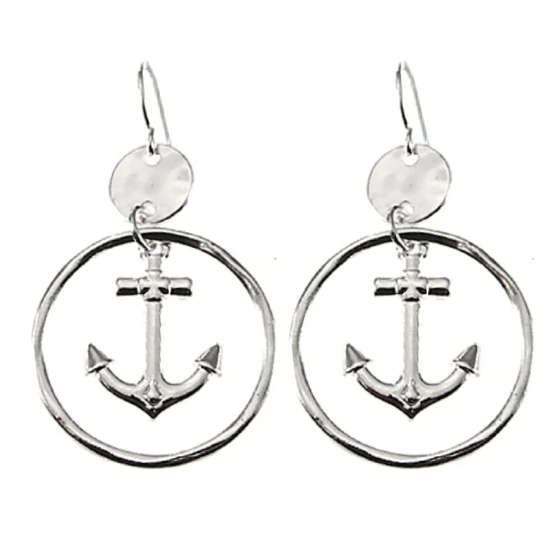 women’s boho earrings-Hammered Silver Dangle Hoop Anchor Earrings