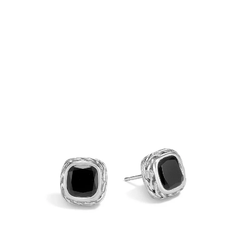 women’s custom earrings-Classic Chain Silver Magic Cut Stud Earrings with Black Onyx