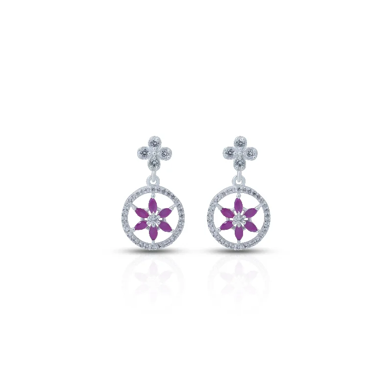 women’s elegant earrings-Silver Earrings With Purple Flower Stone in Circle Design