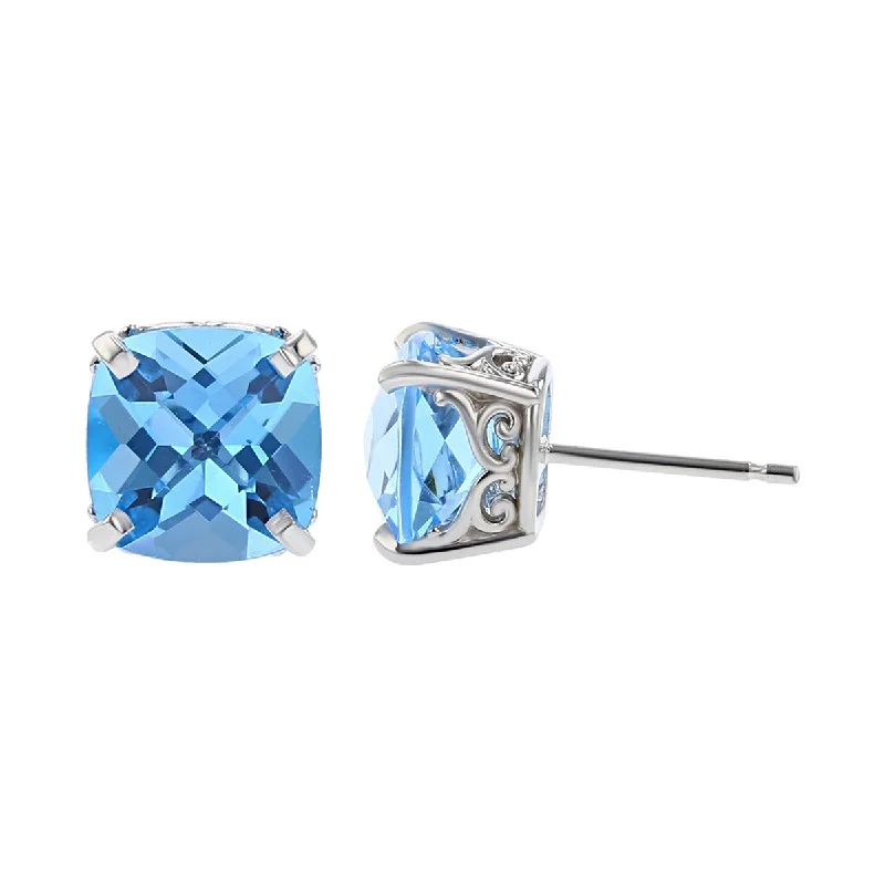 women’s romantic earrings-Checkerboard Cushion Blue Topaz Stud Earrings