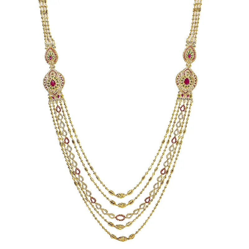 women’s engraved necklaces-22K Yellow Gold Draping Strands Haaram Necklace W/ Emeralds, Rubies, CZ Gemstones & Side Pendants