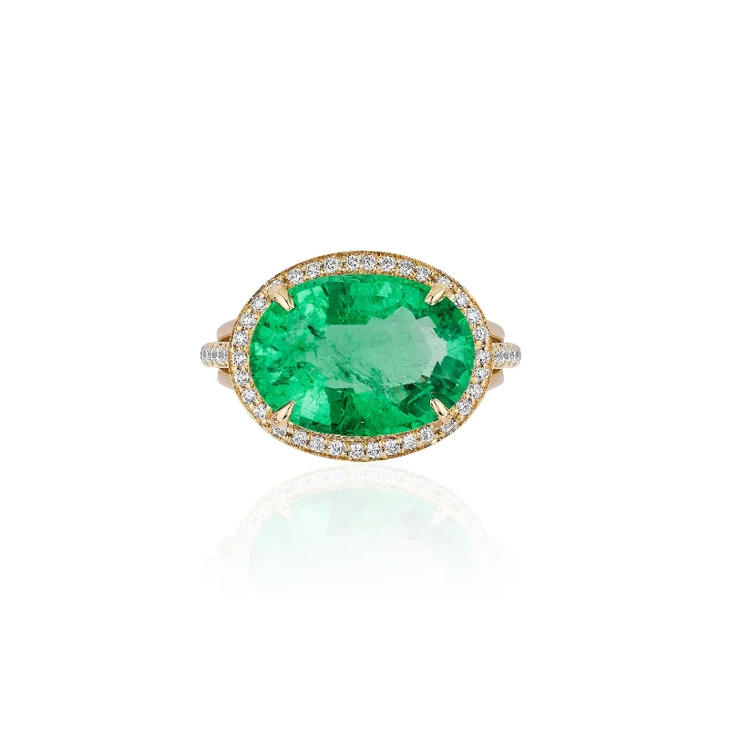 women’s 14k gold rings-One of a Kind Glowing Oval Shape Emerald Ring With Diamonds