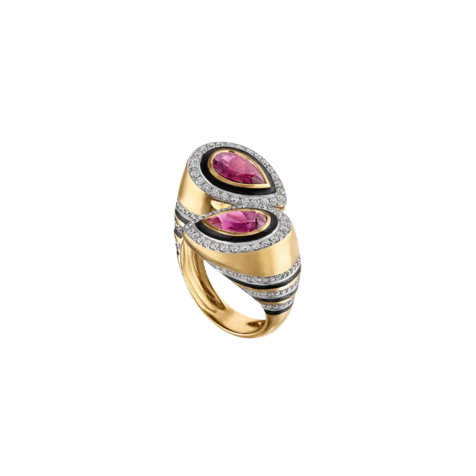 women’s white gold rings-Pear Pink Tourmaline or Emerald Bypass Ring with Black Enamel