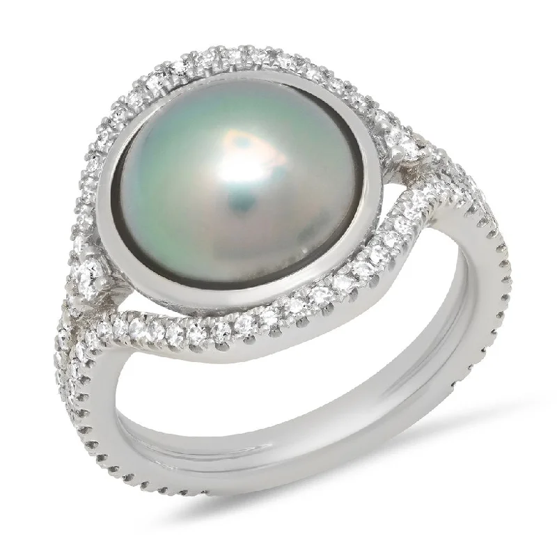 custom rings for women-Tahitian Pearl Slice Ring with Diamond Frame and Split Shank