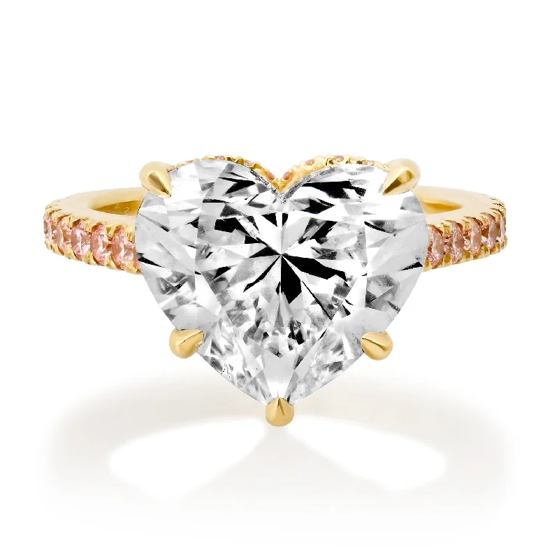 women’s designer gold rings-Lab Grown Diamond Heart Statement Ring with Pink Diamond Band