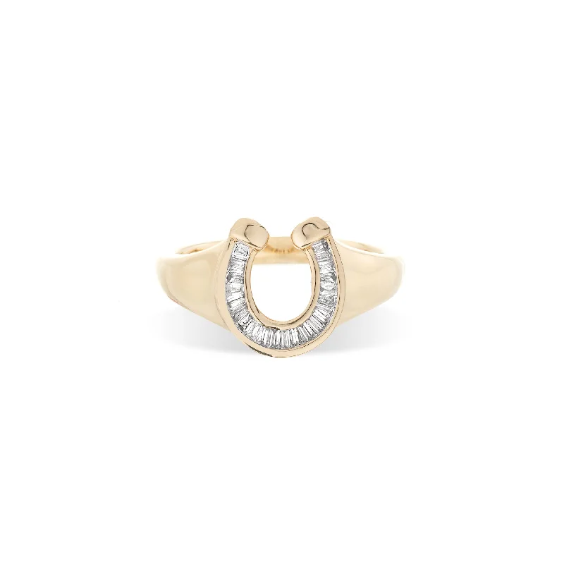 women’s anniversary rings-Baguette Diamond Horseshoe Signet Ring