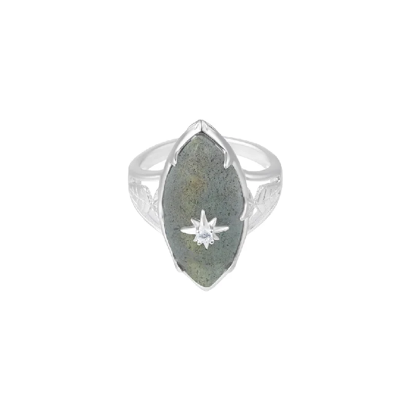 women’s anniversary rings-Marquis Labradorite Cocktail Ring with Star Center .925 sterling silver