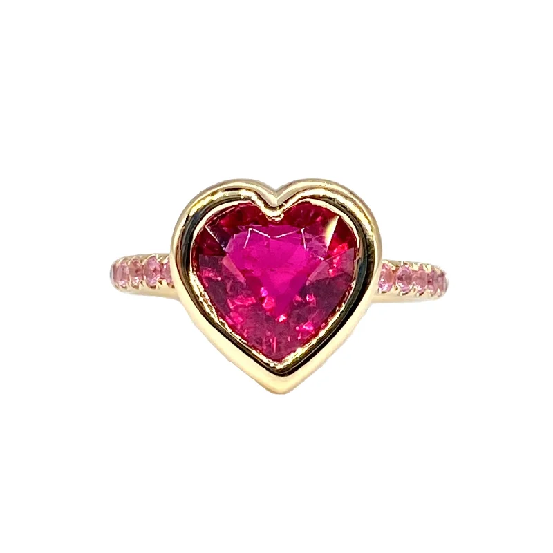 women’s silver wedding rings-One of a Kind Bezel Set Large Rubellite Heart on Pink Spinel Band Ring