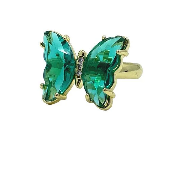 silver rings for women-Adjustable Glass Butterfly Ring: Emerald (RG5BFLYEM)